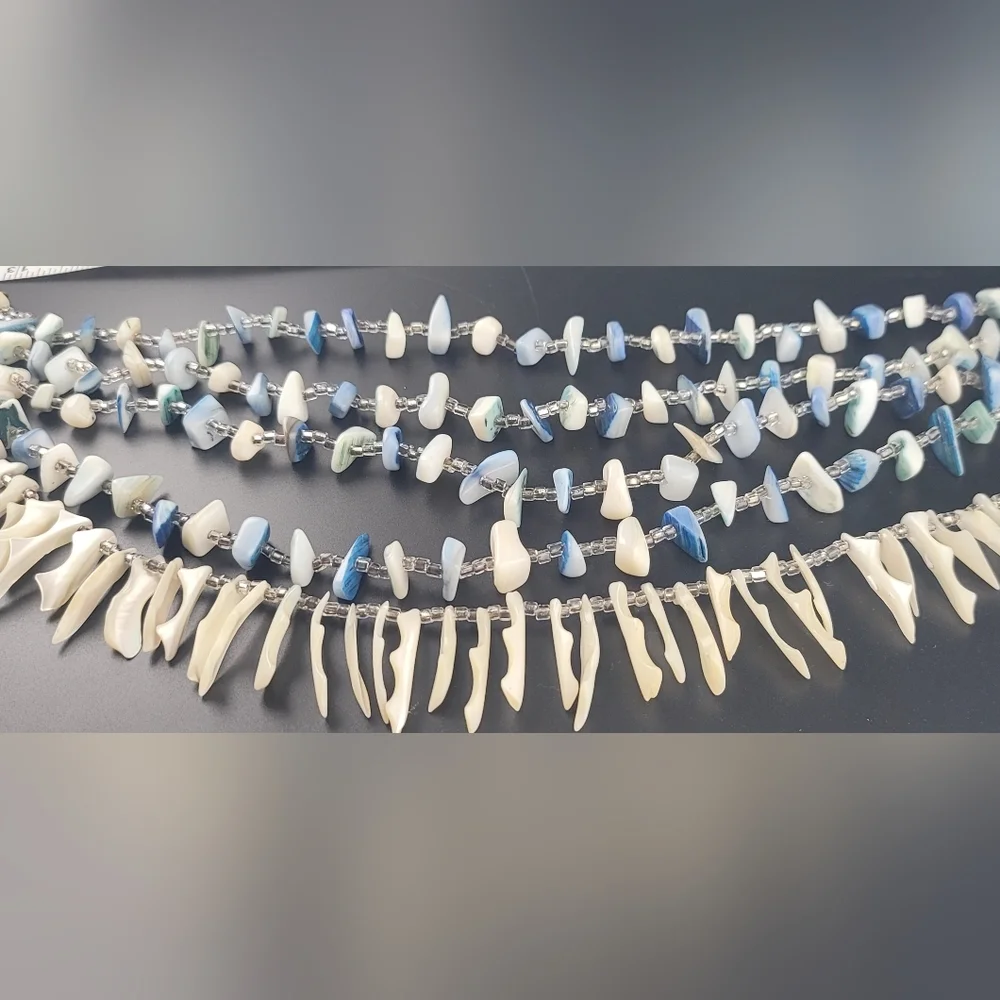 Vintage Japan Sea Shell Glass Bead Multi-Strand Bib Necklace Blue White - Picture 11 of 12